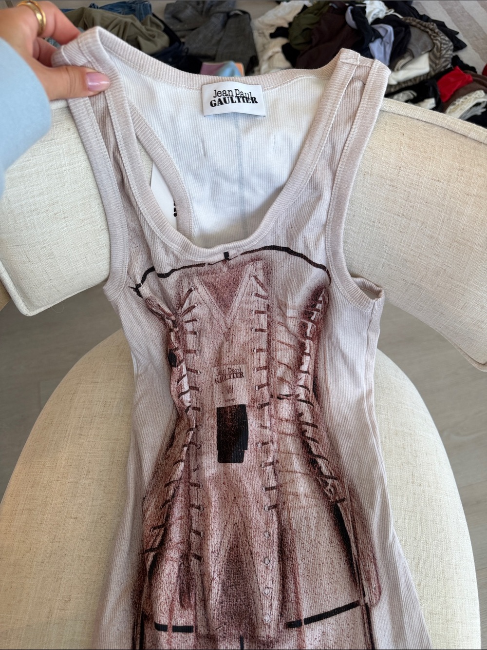 Jean Paul Gaultier Beige Tank Dress with Corset Graphic